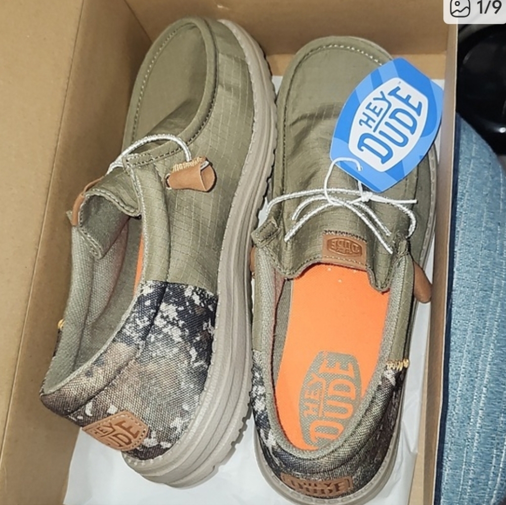 Hey Dude Olive Camo Slip-Ons with Orange Insole